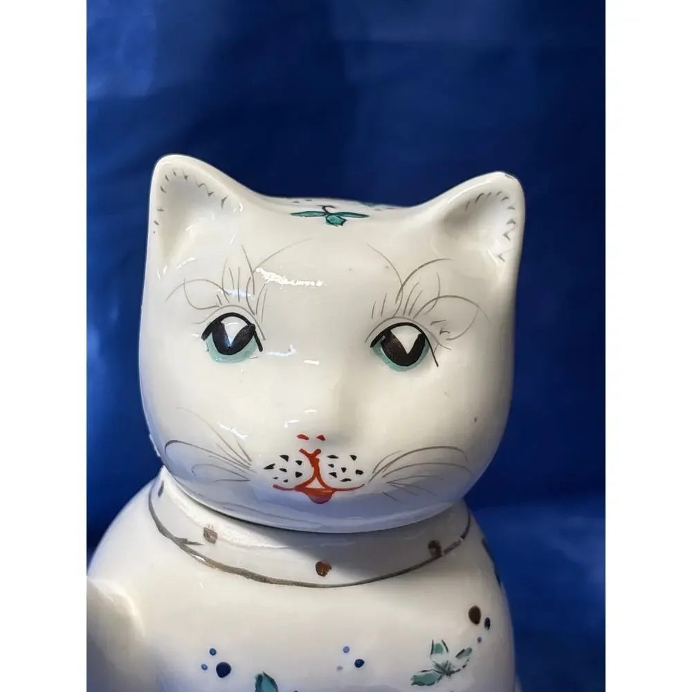 Vintage White Porcelain Cat Teapot Accented with Green Leaf Design